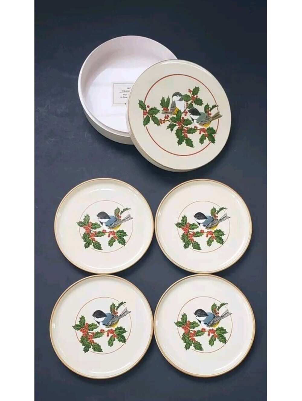 Vtg JAPAN Christmas Coaster Otagiri Set of 4 Lacquer Bird Holly Red Green